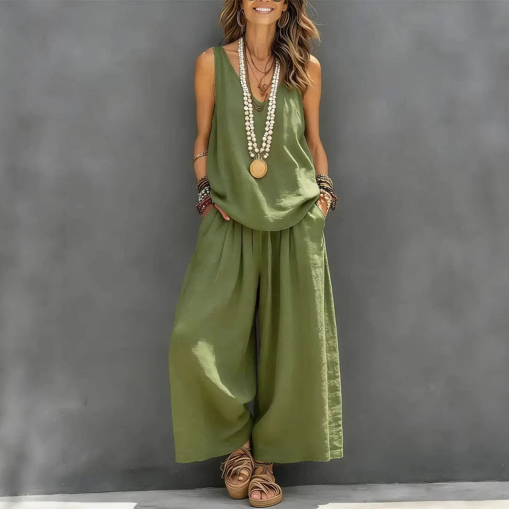 Women’s Cotton Linen Sleeveless Tank Top and Wide Leg Pants Set