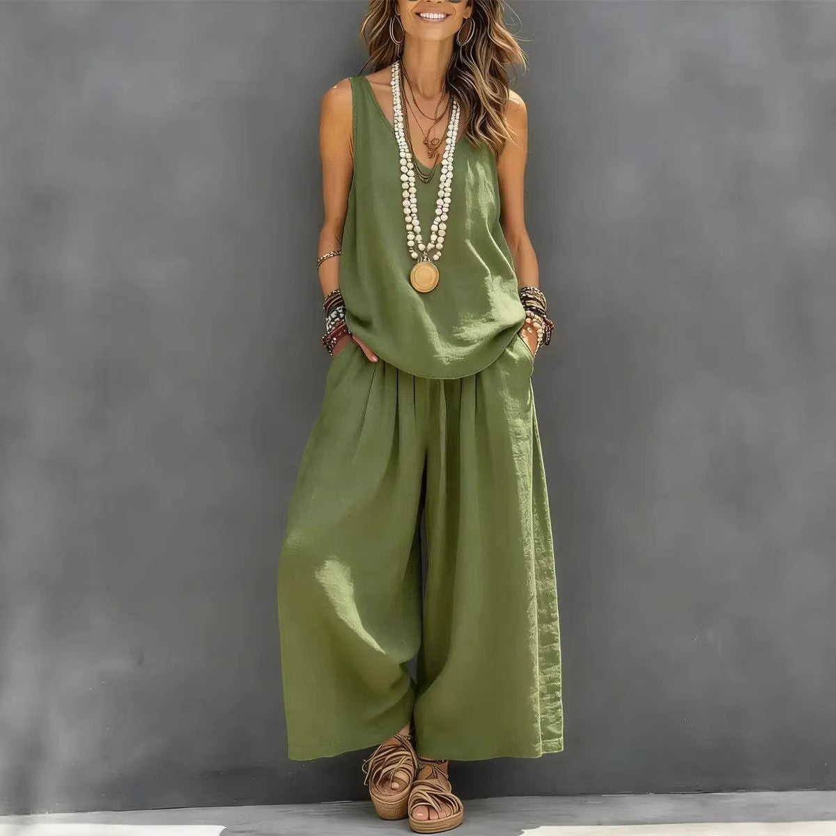 Women’s Cotton Linen Sleeveless Tank Top and Wide Leg Pants Set