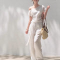 Linen Off-Shoulder Asymmetric Casual Set