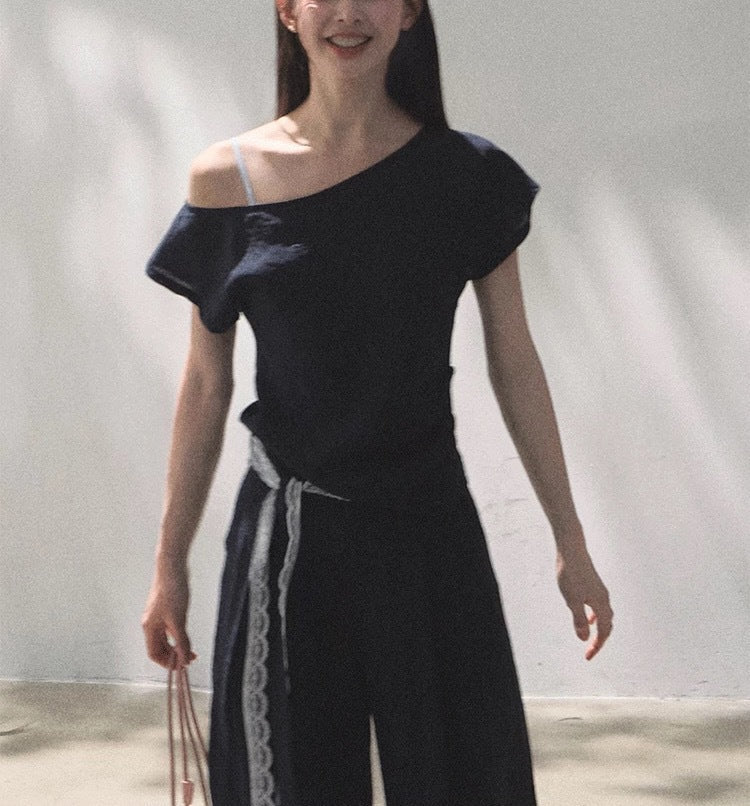 Linen Off-Shoulder Asymmetric Casual Set