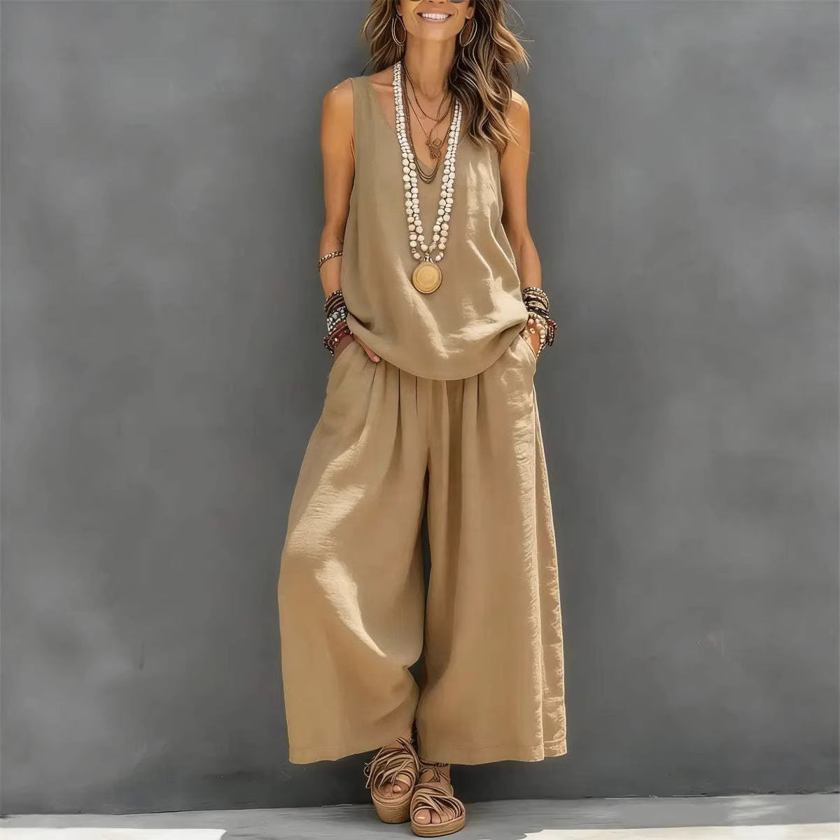 Women’s Cotton Linen Sleeveless Tank Top and Wide Leg Pants Set