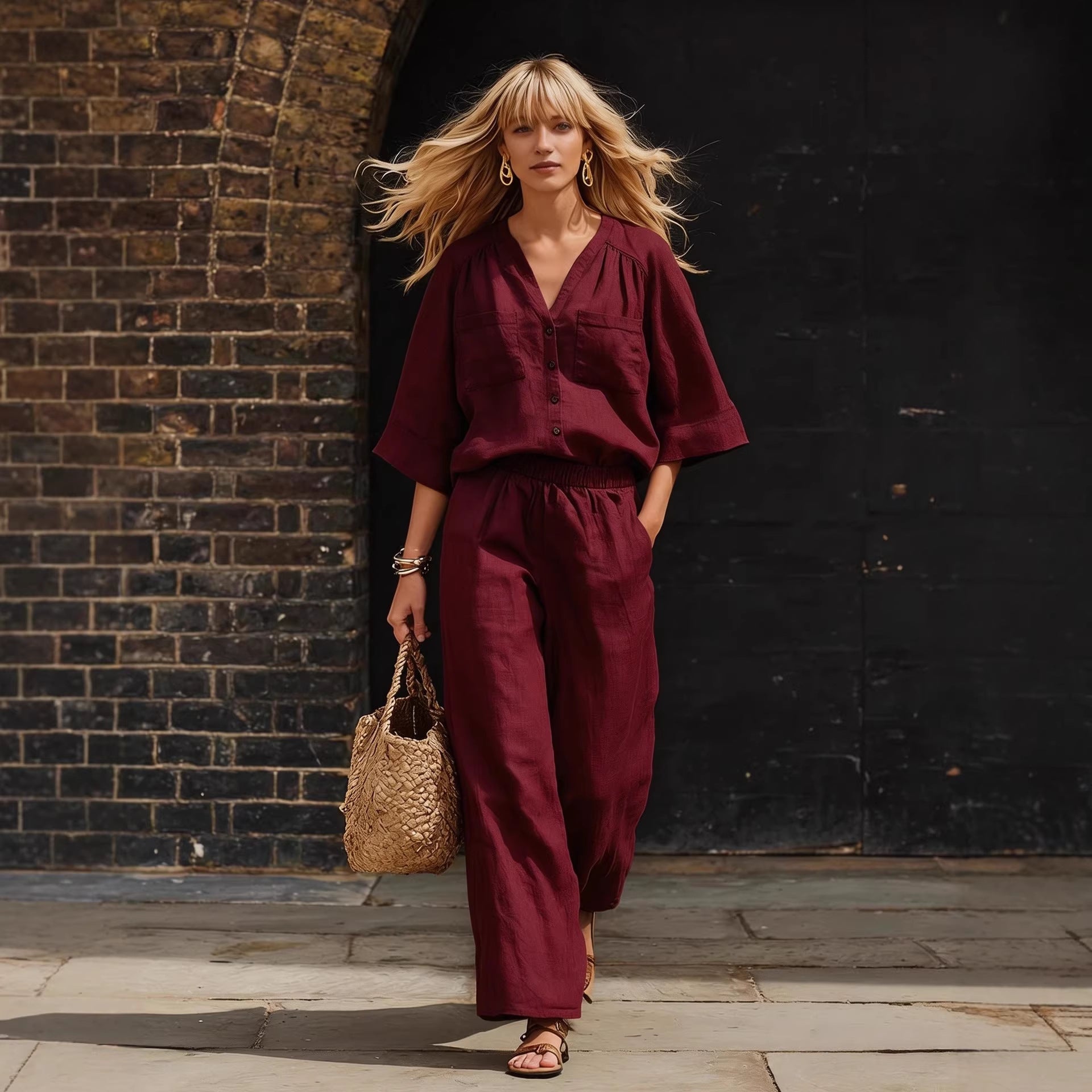 Women's Linen Button Up Cardigan & Wide Leg Pants Set