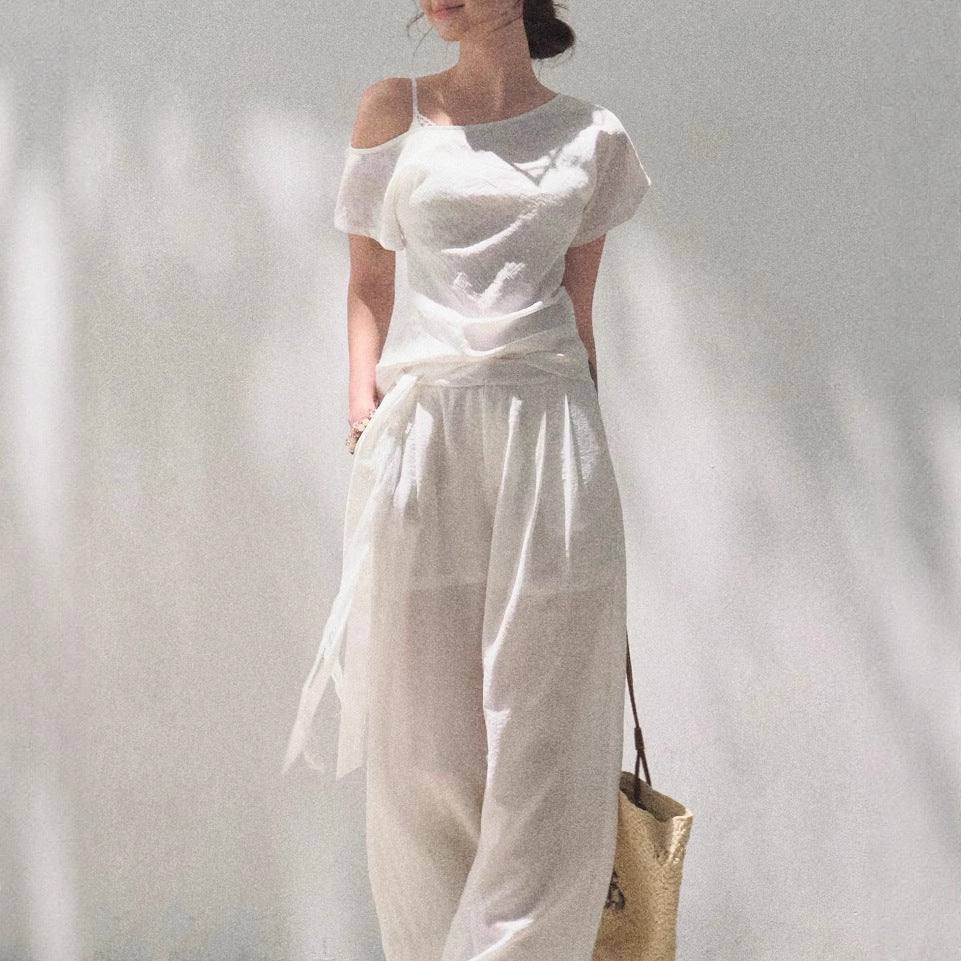 Linen Off-Shoulder Asymmetric Casual Set