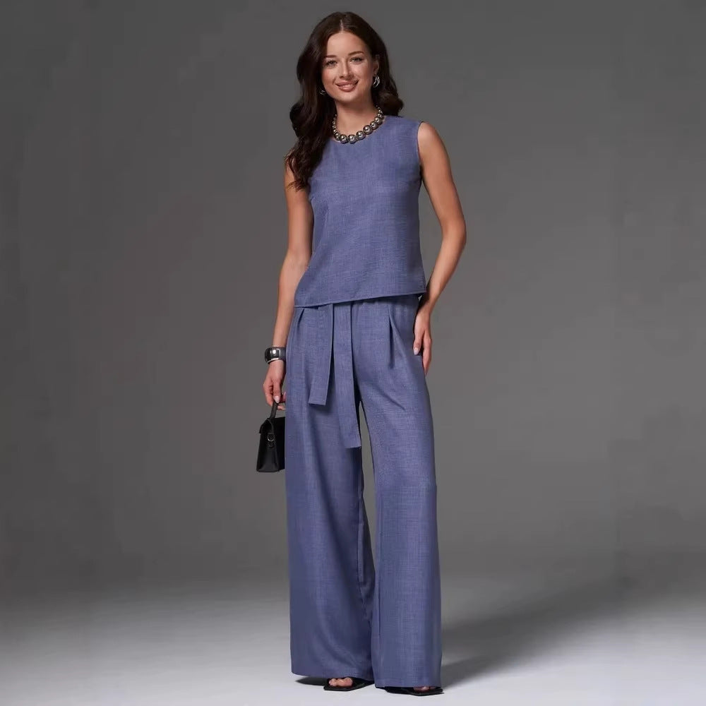 Sleeveless Cotton Linen Wide Leg Pants Set