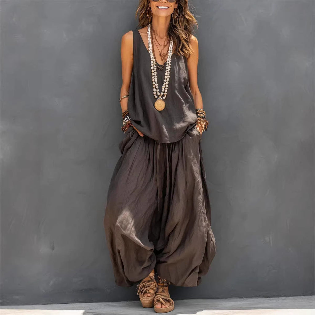 Women’s Cotton Linen Sleeveless Tank Top and Wide Leg Pants Set