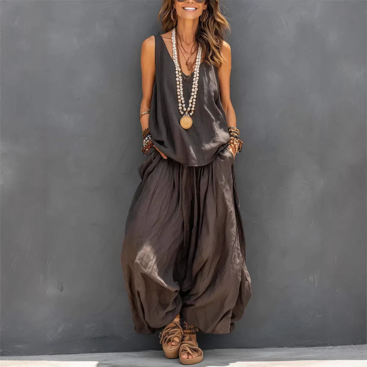 Women’s Cotton Linen Sleeveless Tank Top and Wide Leg Pants Set