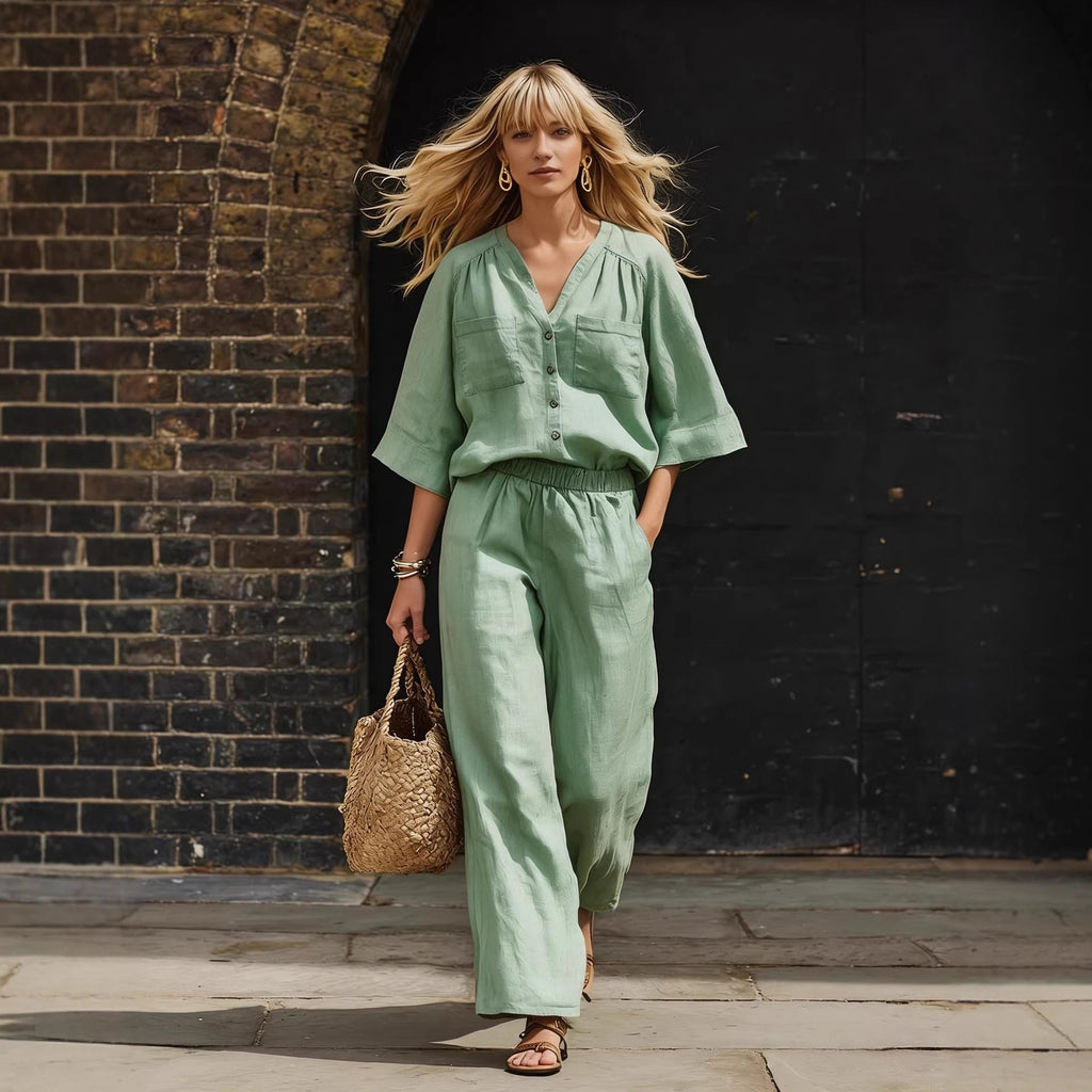 Women's Linen Button Up Cardigan & Wide Leg Pants Set
