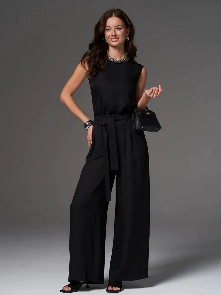 Sleeveless Cotton Linen Wide Leg Pants Set