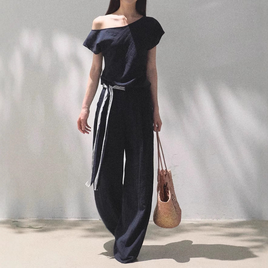 Linen Off-Shoulder Asymmetric Casual Set