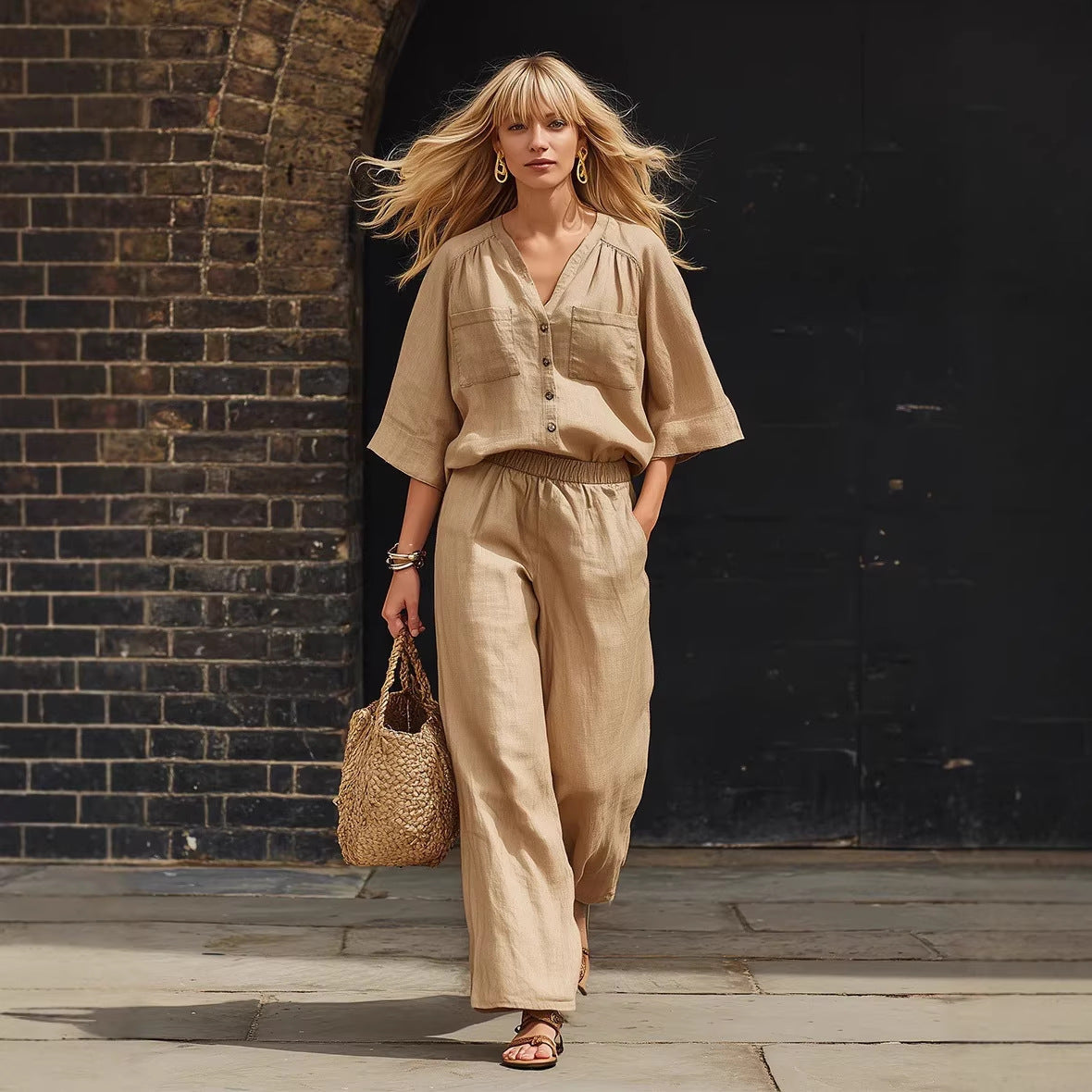 Women's Linen Button Up Cardigan & Wide Leg Pants Set