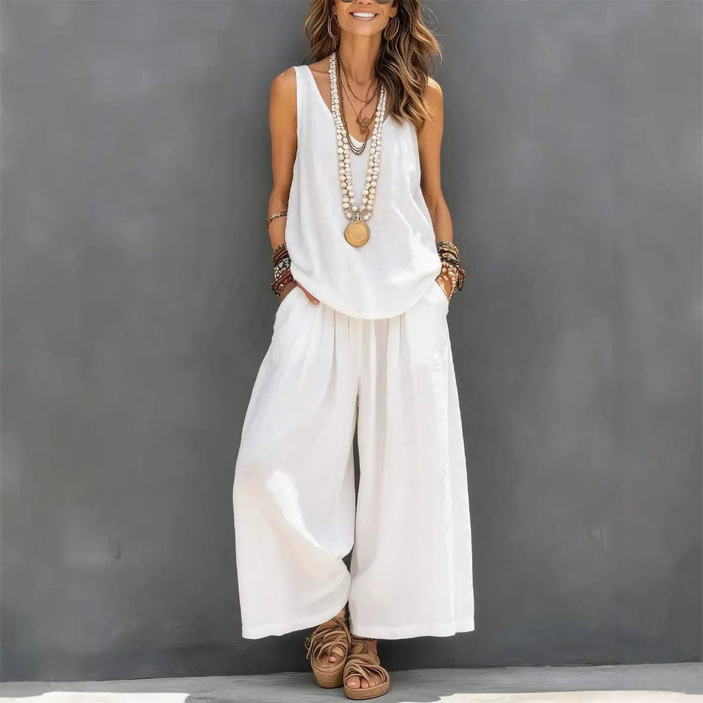 Women’s Cotton Linen Sleeveless Tank Top and Wide Leg Pants Set