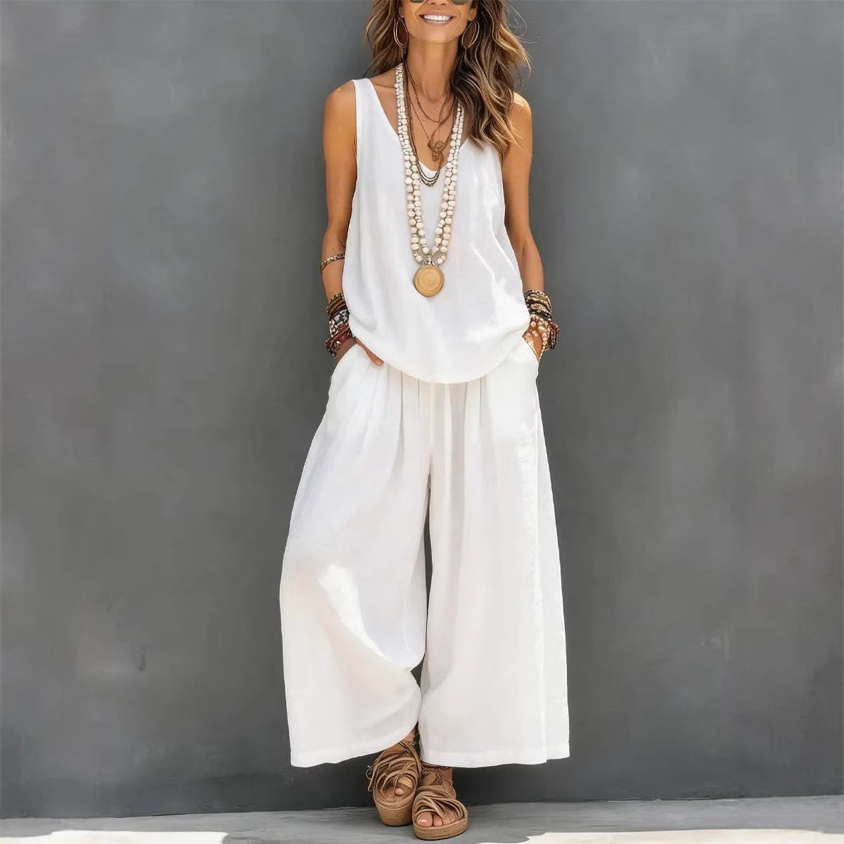 Women’s Cotton Linen Sleeveless Tank Top and Wide Leg Pants Set