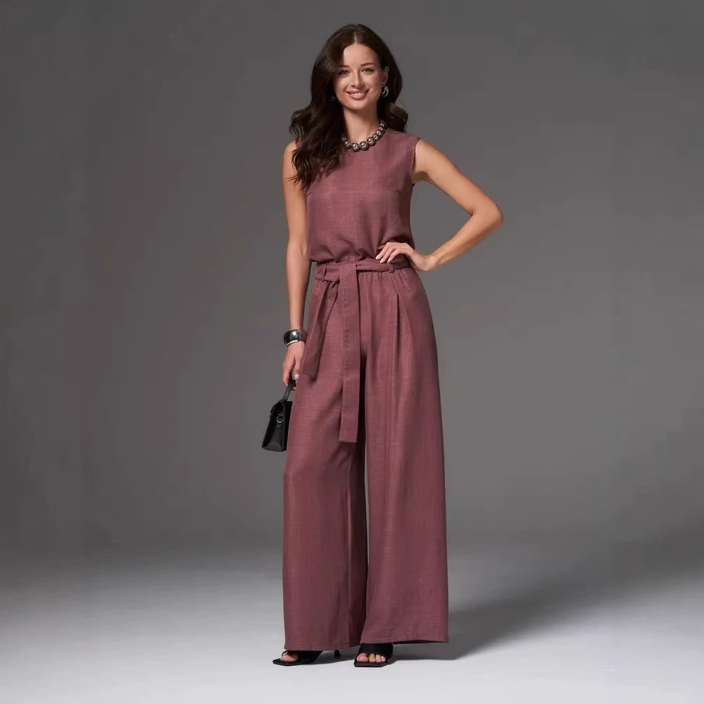 Sleeveless Cotton Linen Wide Leg Pants Set