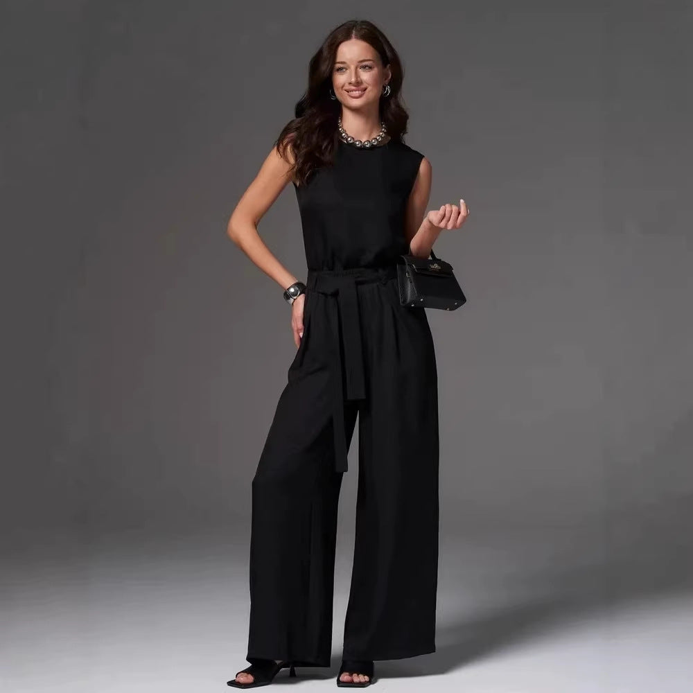 Sleeveless Cotton Linen Wide Leg Pants Set