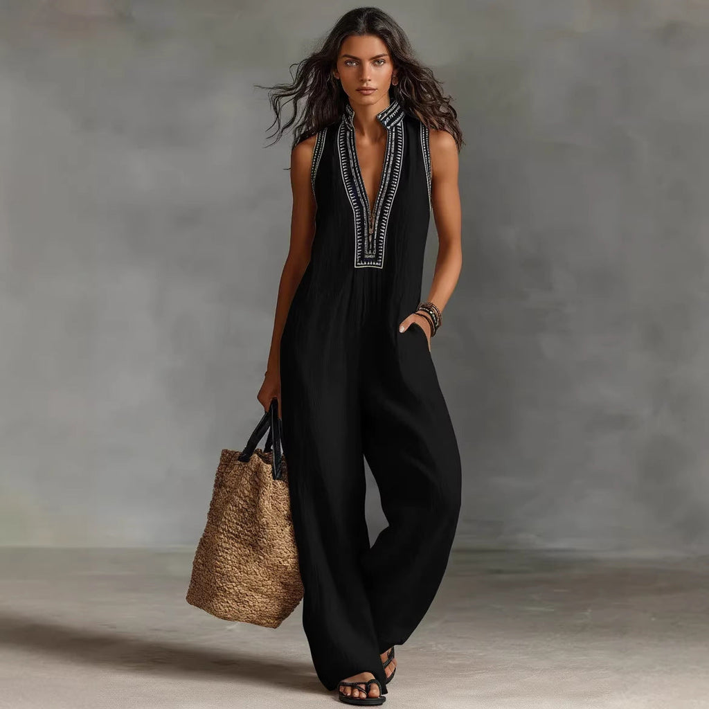 Linen-Blend Sleeveless Jumpsuit
