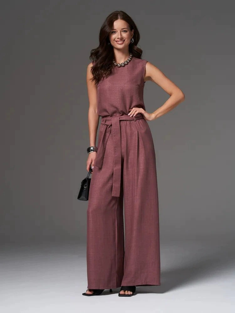 Sleeveless Cotton Linen Wide Leg Pants Set