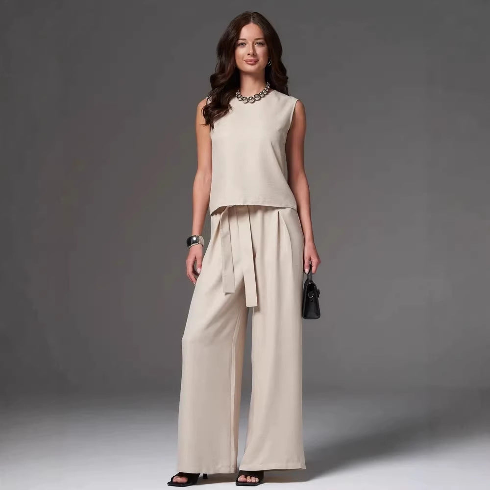 Sleeveless Cotton Linen Wide Leg Pants Set