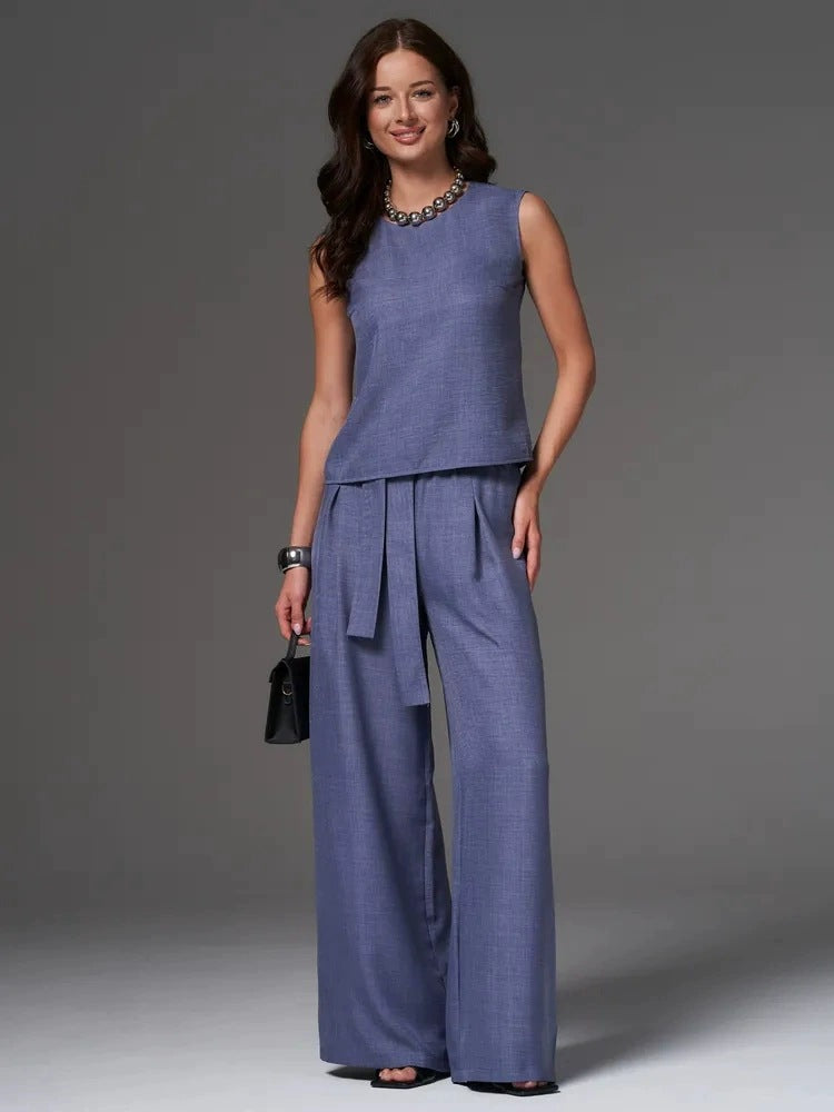 Sleeveless Cotton Linen Wide Leg Pants Set